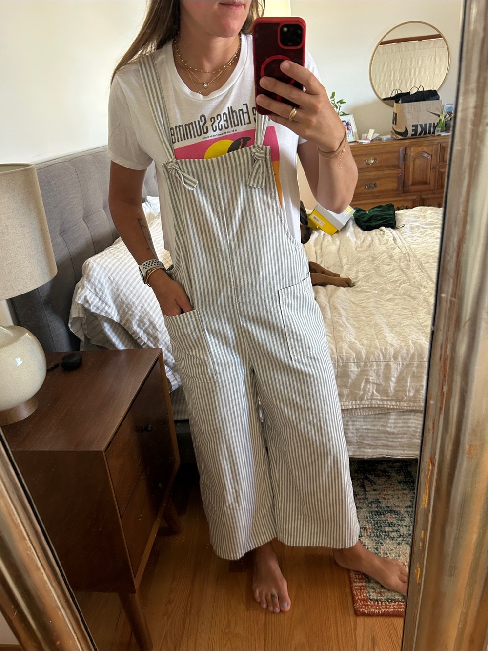 Striped Cotton-Blend Button Strap Jumpsuit - White/Light Gray